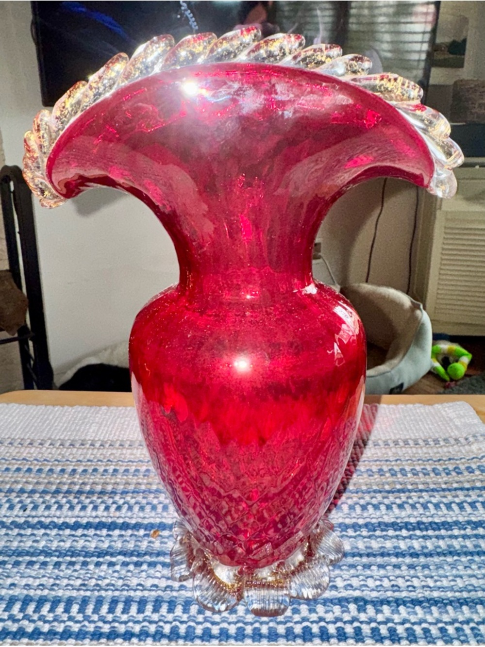 Unbranded Ruby Red Ruffled Glass Vase with Clear Trim